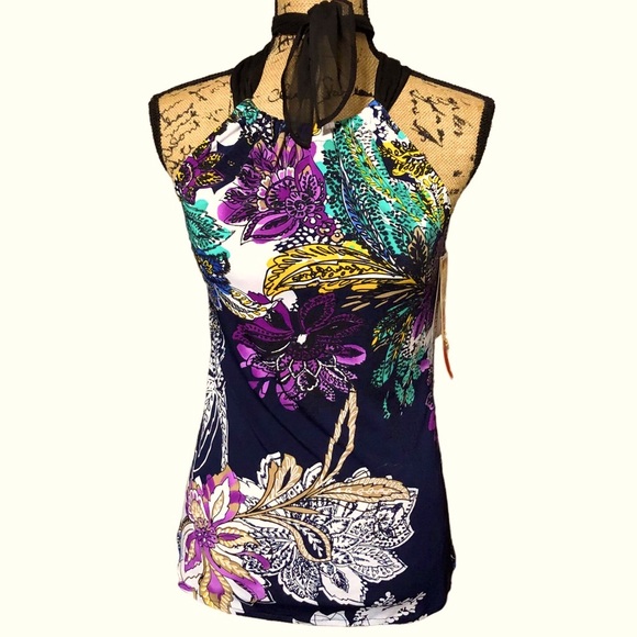 Elie Tahari Beautiful NWT Vibrant Sleeveless Top w/Necktie - Picture 2 of 16